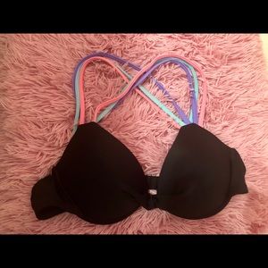 Black bathing suit top with colorful back straps.